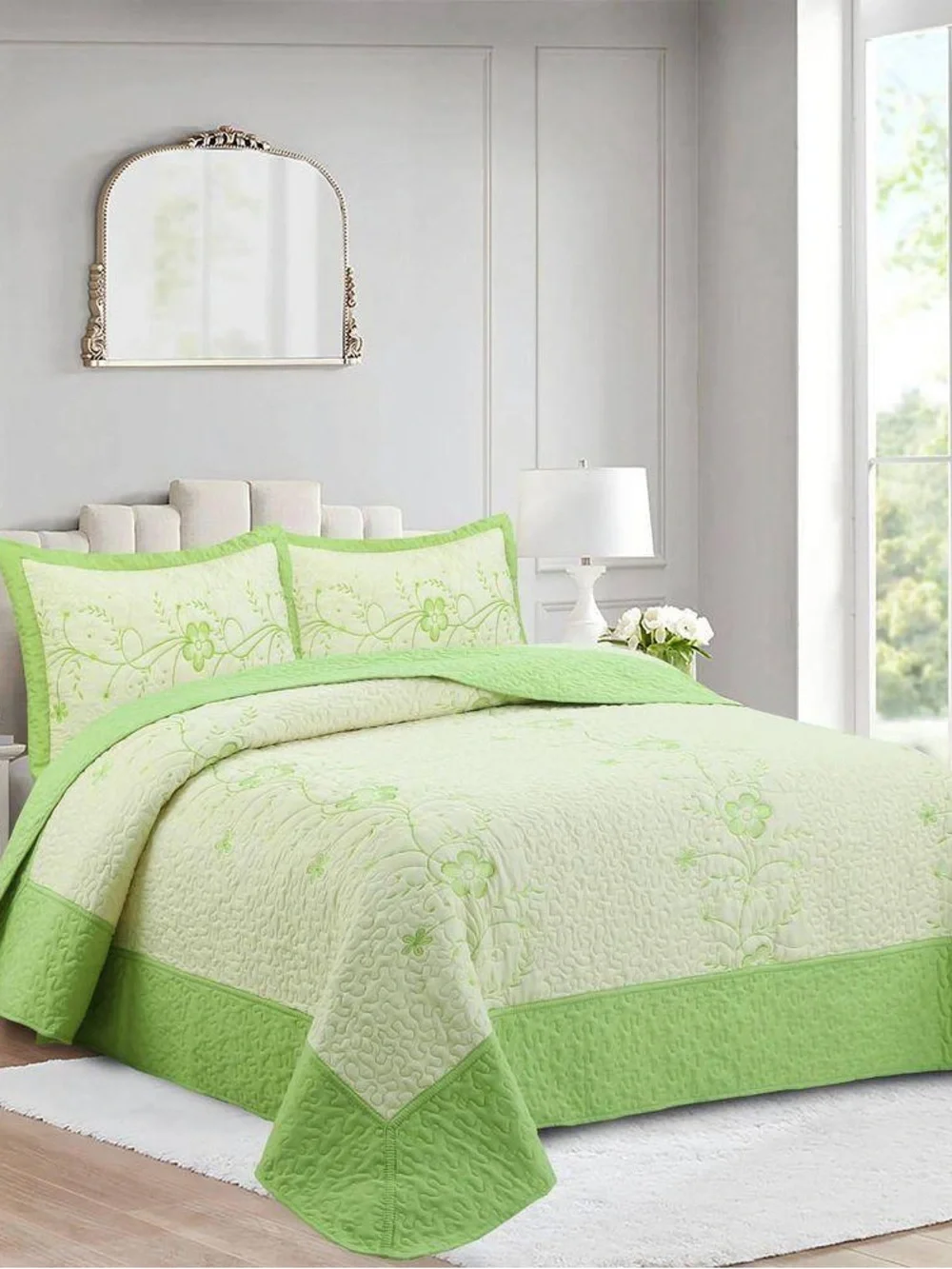 Green Flower Embroidery Queen Size Polyester Quilt Bedspreads Set